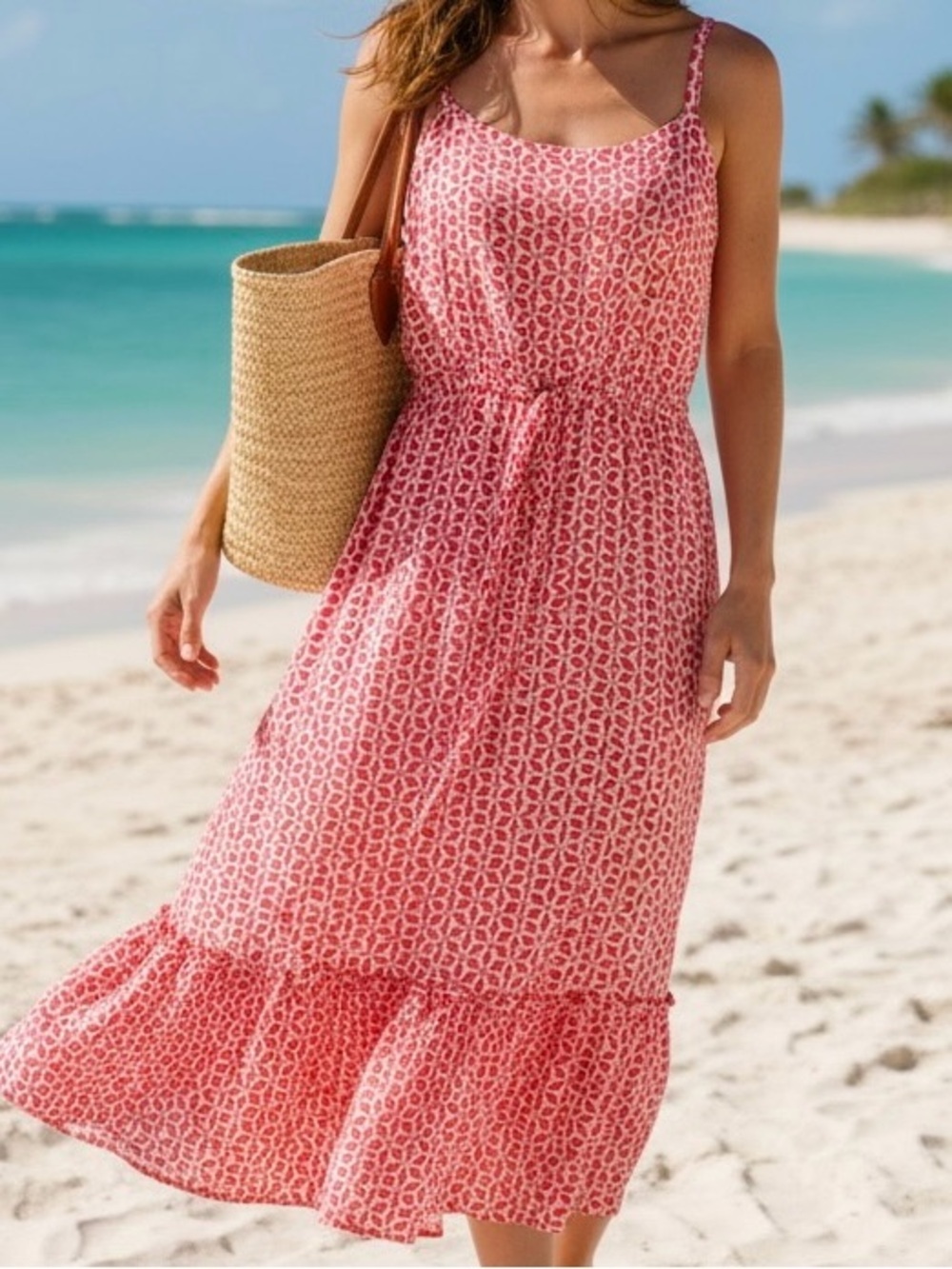 Cremieux Red & White Floral 100% Cotton Fully Lined Boho Sundress Maxi Dress Med